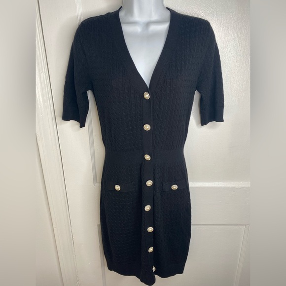 LOVERS + FRIENDS Bella Black Pearl Diamond like Button-Down Mini Sweater Dress - Picture 5 of 13